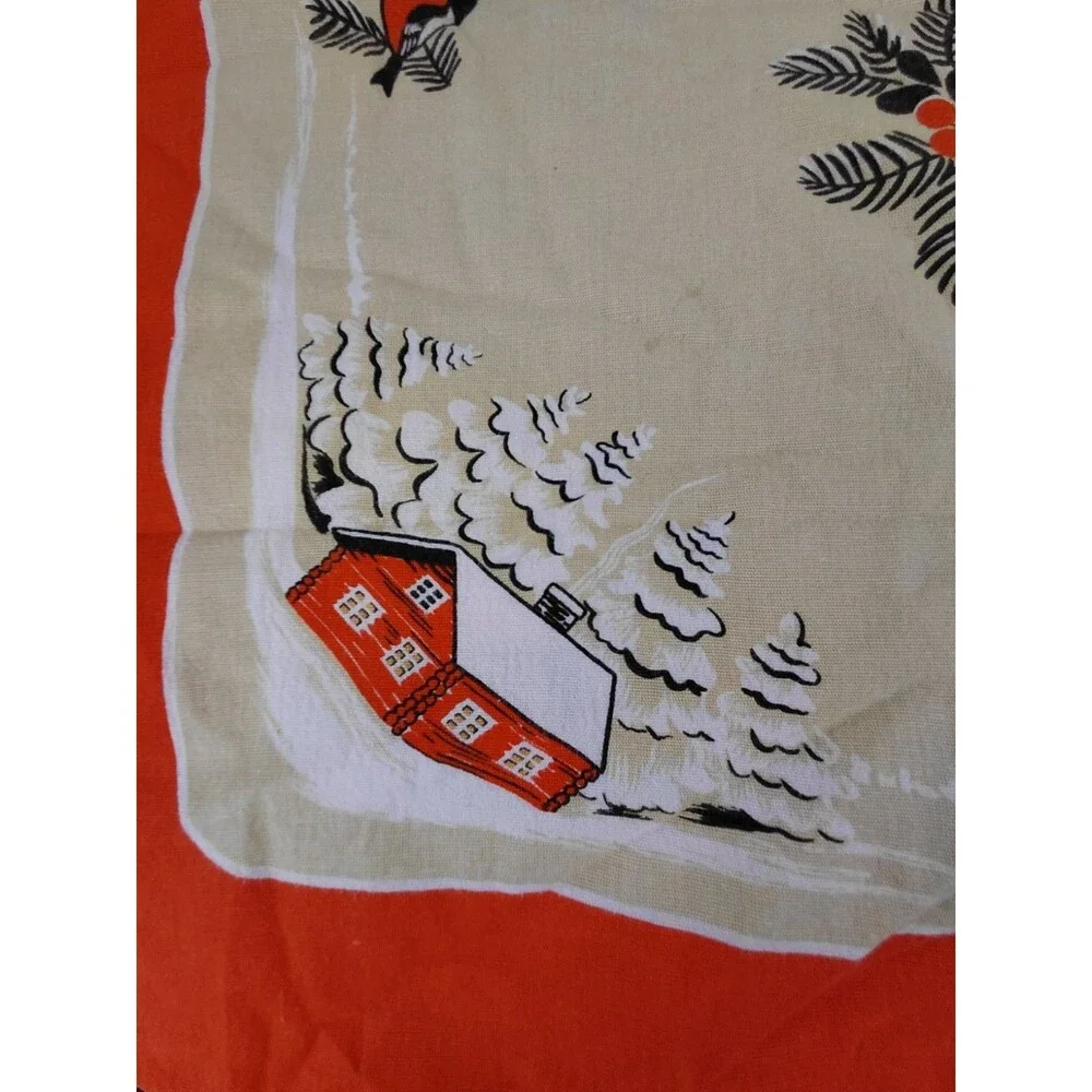 Swedish Christmas Tablecloth 100% Cotton Elves Pinecones Birds Winter 37” x 34.5